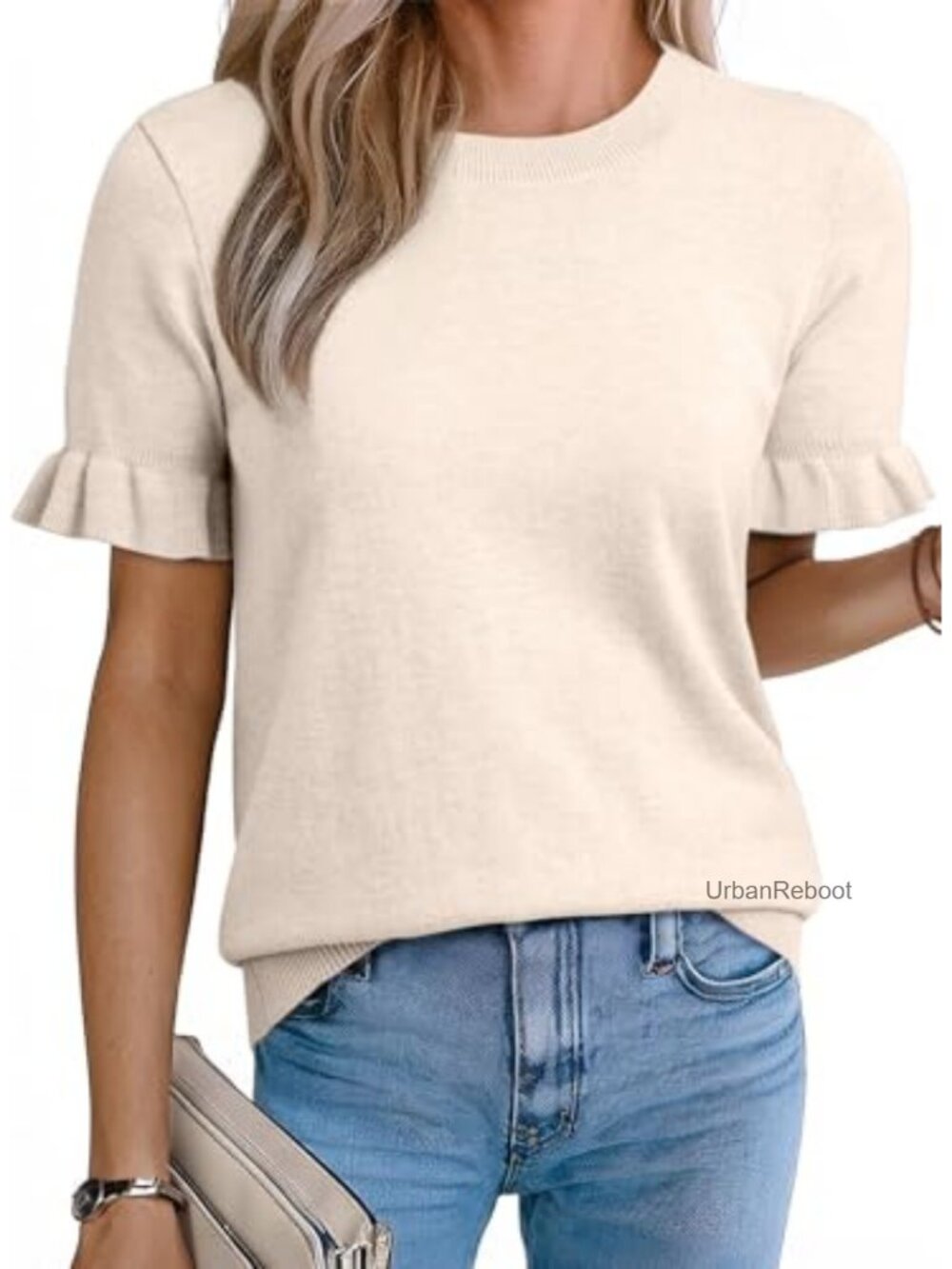 Wool Blend Short Sleeve Crewneck Sweater Knit Top